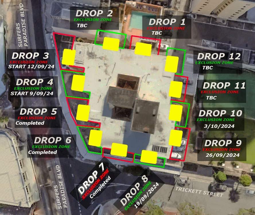Paradise Towers, Surfers Paradise: rope access drop plan for the building